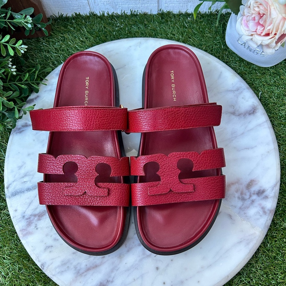 Tory Burch InesRed Leather Double-Strap Logo Slide Sandals - Picture 14 of 16